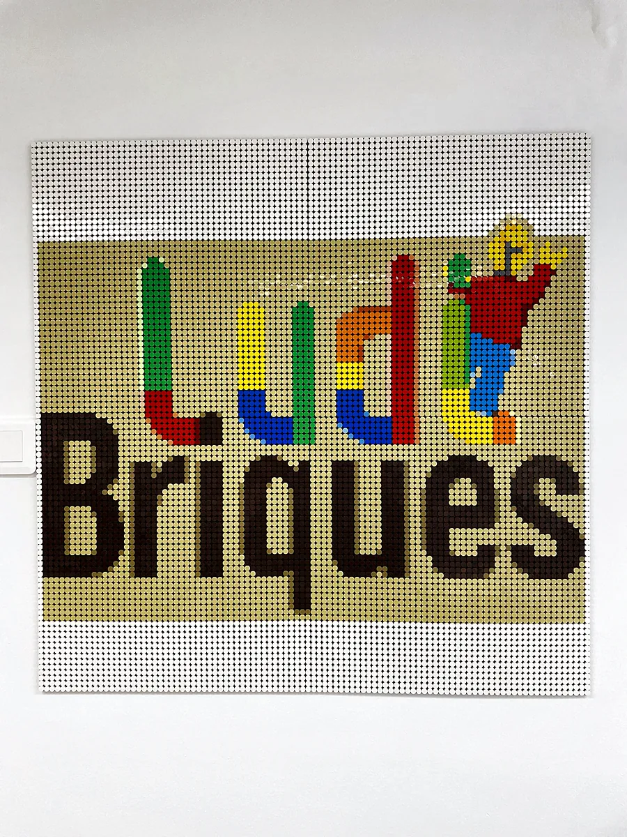 Tableau en pièces LEGO® aux couleurs de Ludi Briques, accroché au mur du centre